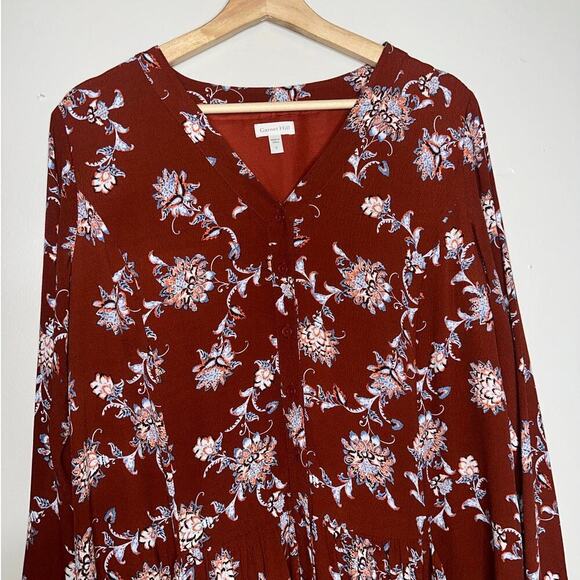 Garnet Hill Long Sleeve Knee Length Floral Dress Patch Pockets Burnt Orange 6 - Picture 2 of 7